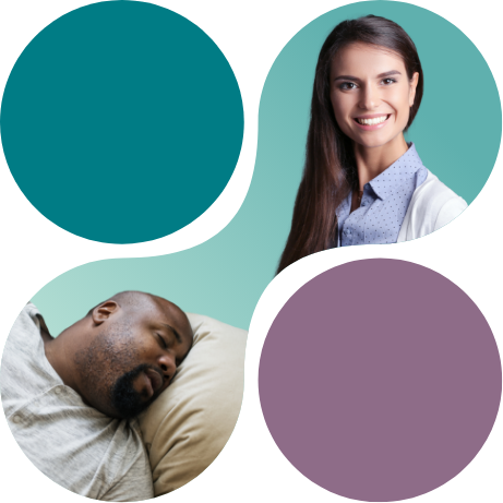 Collage of circles featuring man sleeping and smiling woman in white lab coat